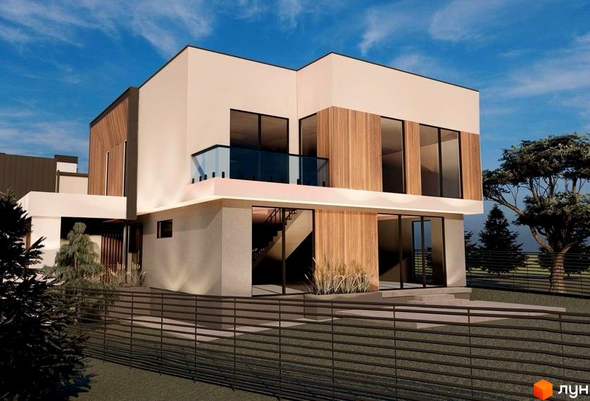 Котеджне містечко КМ Lake House Sokilnyky. Зовнішній вигляд двоповерхового будинку з великими вікнами та дерев'яними елементами, огороджена територія з деревами.