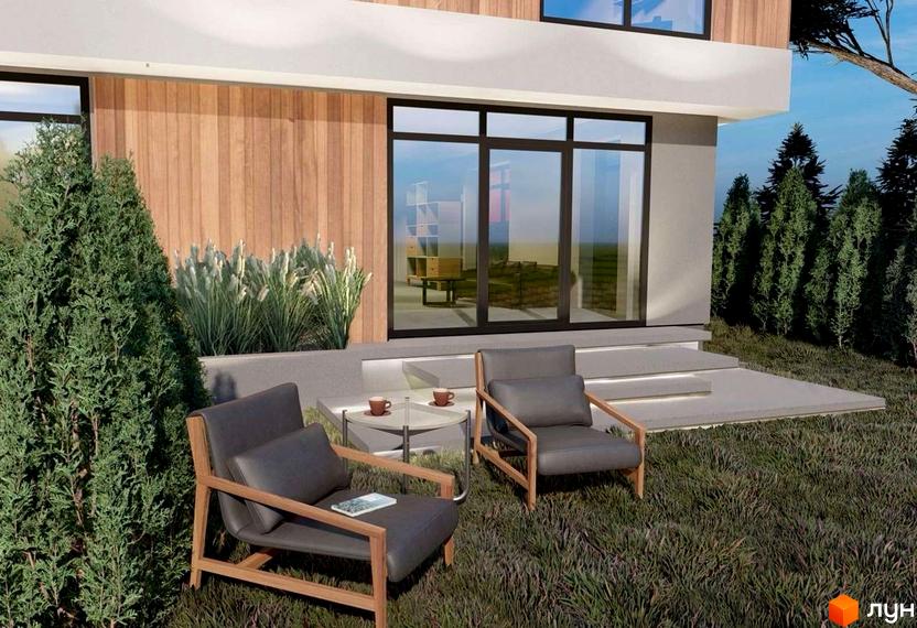 КМ Lake House Sokilnyky: двоповерховий будинок з дерев'яним фасадом та великими вікнами. Прибудинкова територія з двома кріслами та столиком на галявині.