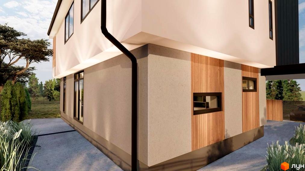 Котеджне містечко Lake House Sokilnyky. Фасад будинку з комбінованою обробкою та великими вікнами, зелена прибудинкова територія.