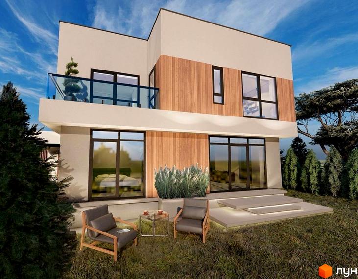 Котеджне містечко Lake House Sokilnyky: двоповерховий будинок з дерев'яними елементами та великими вікнами, зона відпочинку з кріслами та столиком на доглянутій галявині.