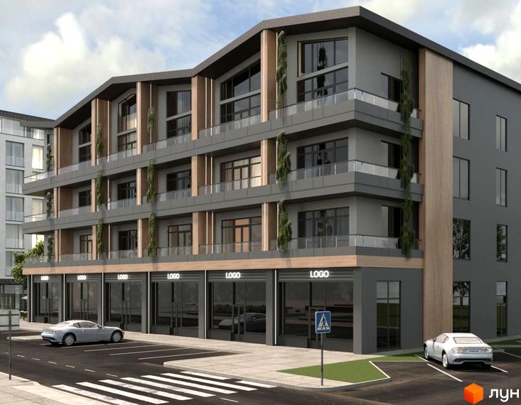 Апарт-комплекс EverGreen: фасади з дерев'яними елементами та скляними балконами. Прибудинкова територія з парковкою та пішохідним переходом.