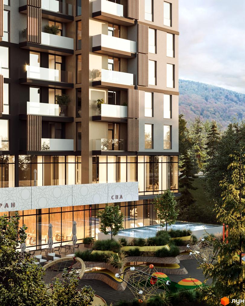 Житловий комплекс Logos Home Apartment з балконами та панорамними вікнами, поруч басейн та зелена зона відпочинку.