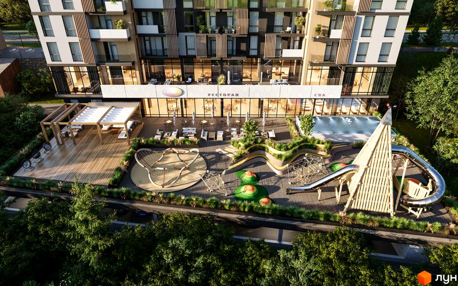 Житловий комплекс Logos Home Apartment з зоною відпочинку, дитячим майданчиком та басейном. Сучасна архітектура та облаштована прибудинкова територія.
