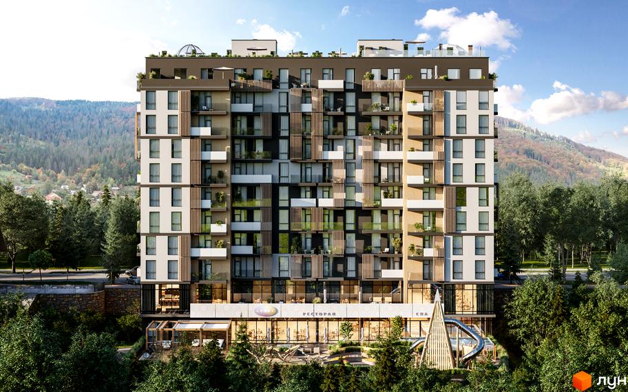 Житловий комплекс Logos Home Apartment з фасадами з дерева та скла, розташований на тлі гірського пейзажу. На прибудинковій території видно дитячий майданчик та зелені зони.