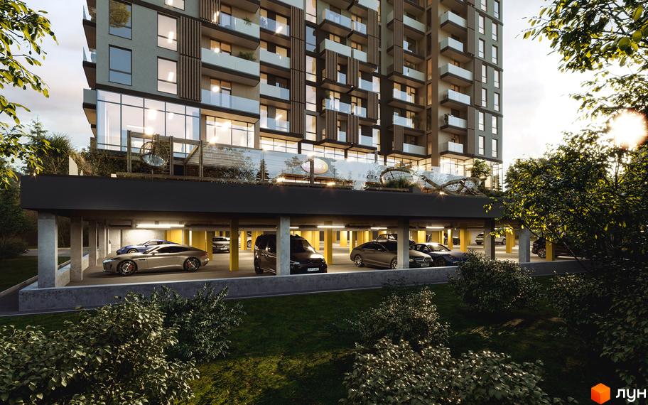 Будівельний проєкт Logos Home Apartment з паркінгом та зеленими насадженнями. Фасад будівлі має багато балконів та великі вікна.