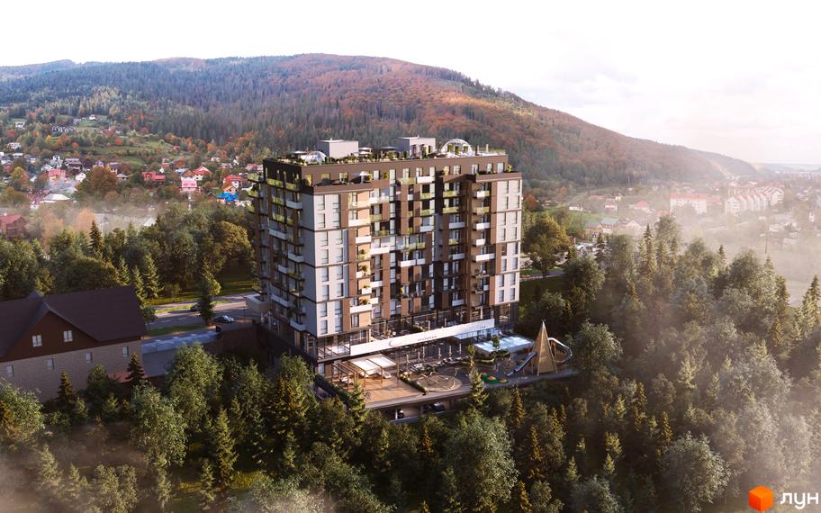 Новобудова Logos Home Apartment з багатою прибудинковою територією, що включає дитячий майданчик та зони відпочинку, розташована серед мальовничих гір та лісів.