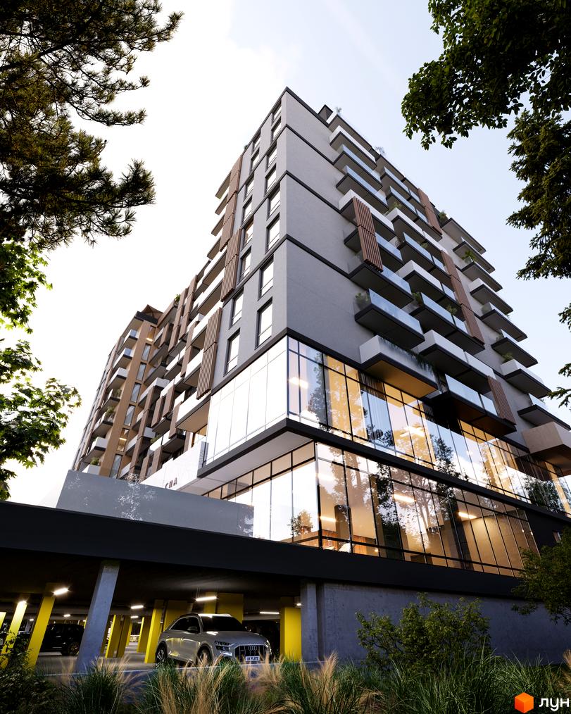 Сучасний житловий комплекс Logos Home Apartment з панорамними вікнами та балконами, паркінг з автомобілями та зеленою зоною.