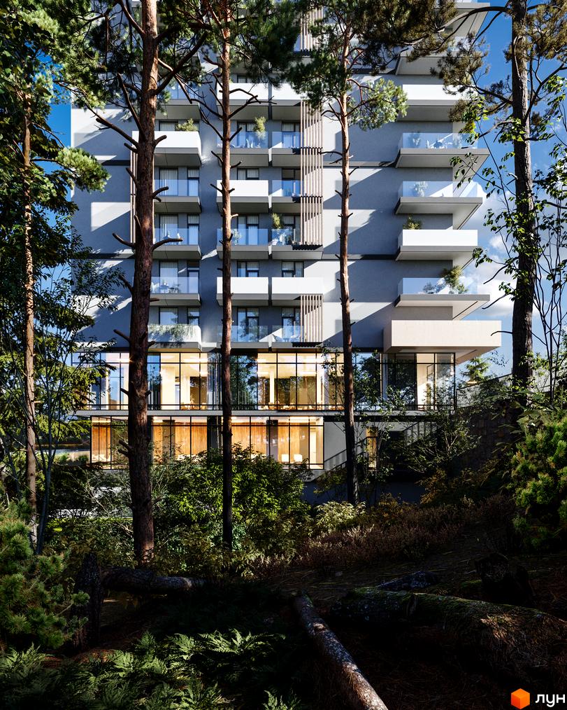 Житловий комплекс Logos Home Apartment з балконами та скляними фасадами, оточений деревами та зеленню. Сучасна архітектура новобудови гармонійно вписана в природний ландшафт.