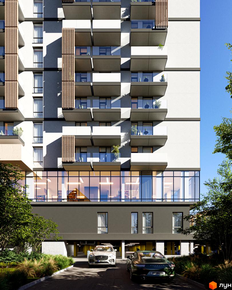 Житловий комплекс Logos Home Apartment з виступаючими балконами та скляним фасадом першого поверху. Перед будинком розташована прибудинкова територія з деревами та автомобілями.