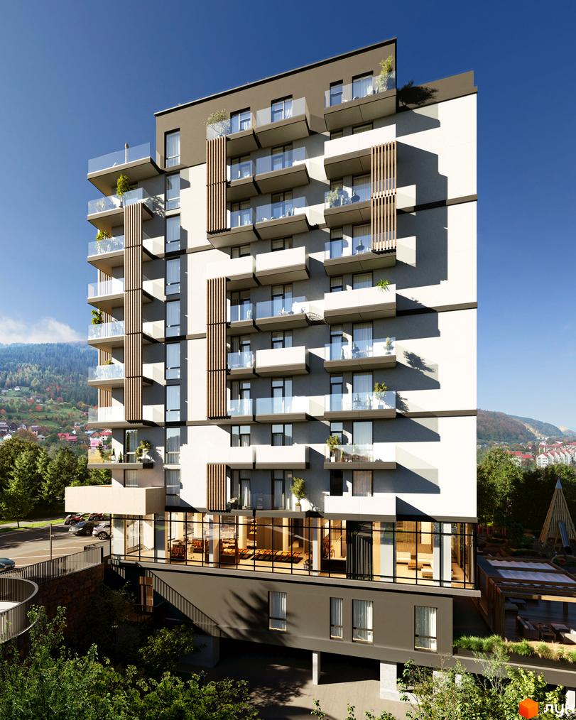 Житловий комплекс Logos Home Apartment з балконами та скляними огорожами на тлі гір. Навколо будинку зелені насадження та зона відпочинку.