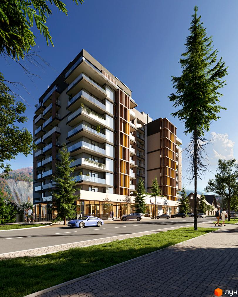 Сучасний житловий комплекс Logos Home Apartment з балконами та панорамними вікнами на тлі гірського пейзажу. Територія навколо новобудови озеленена.