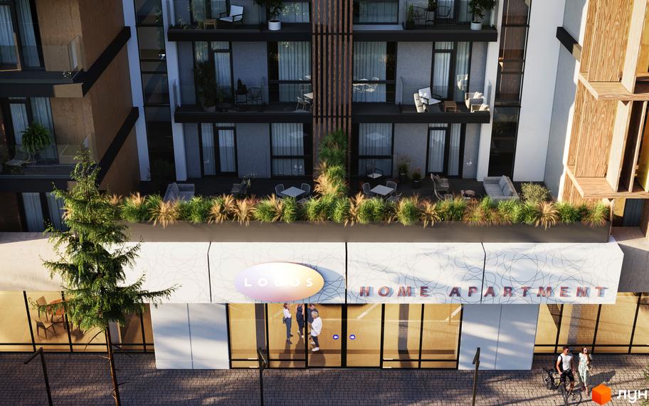 Зовнішній вигляд житлового комплексу Logos Home Apartment з балконами та зеленню на терасах. Прибудинкова територія з деревом та людьми біля входу.