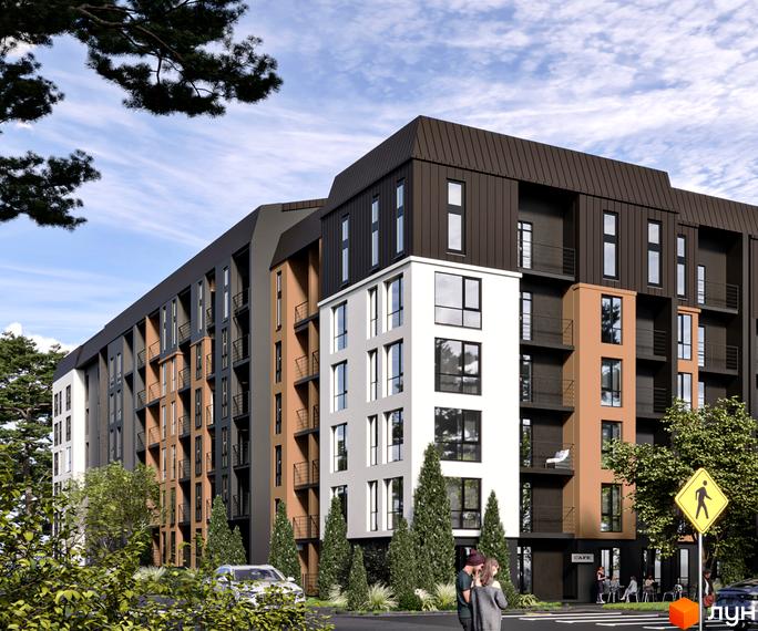 Зовнішній вигляд житлового комплексу Дружній Двір: багатоповерхова новобудова з різнокольоровими фасадами та балконами. Прибудинкова територія з деревами та пішохідним переходом.