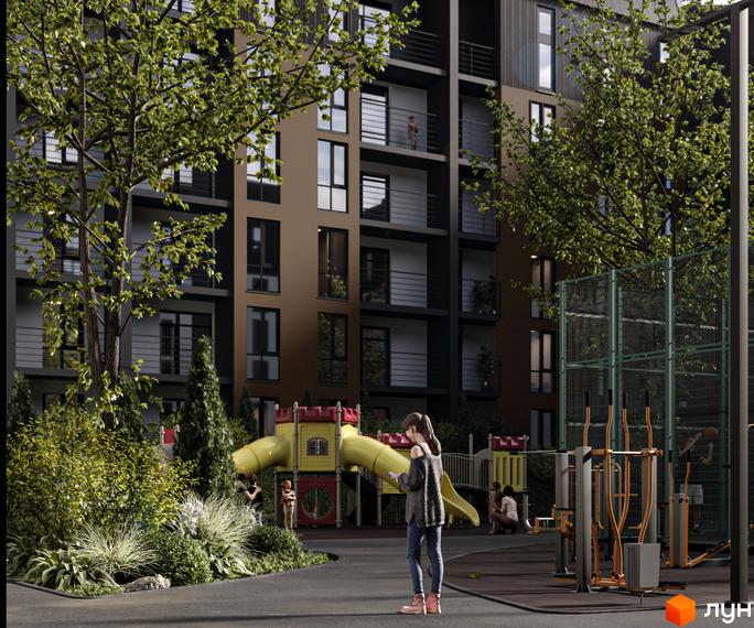 Новобудова ЖК Дружній Двір з дитячим майданчиком та зоною для спорту. Сучасна архітектура та зелена територія для комфортного життя.