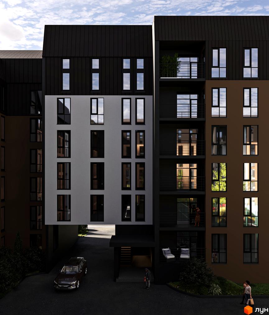 Зовнішній вигляд житлового комплексу Дружній Двір з коричневою та білою обробкою фасаду, темними вікнами та балконами. На прибудинковій території видно автомобіль та пішоходів.