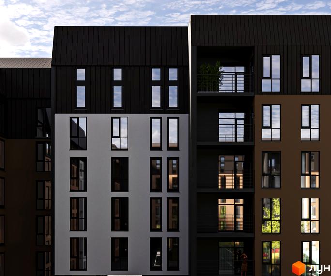 Фасад житлового комплексу Дружній Двір з вікнами та балконами. Сучасна архітектура новобудови.