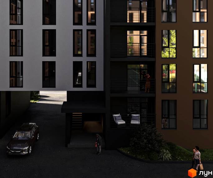 Зовнішній вигляд новобудови ЖК Дружній Двір: фасади з вікнами та балконами, прибудинкова територія з автомобілем та пішоходами.