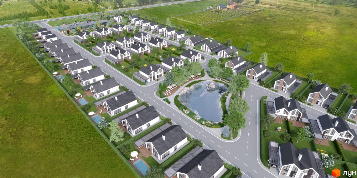 Котеджне містечко Gardd House Eco Village: білі будинки з темними дахами, деякі з басейнами, розташовані навколо центрального ставка.