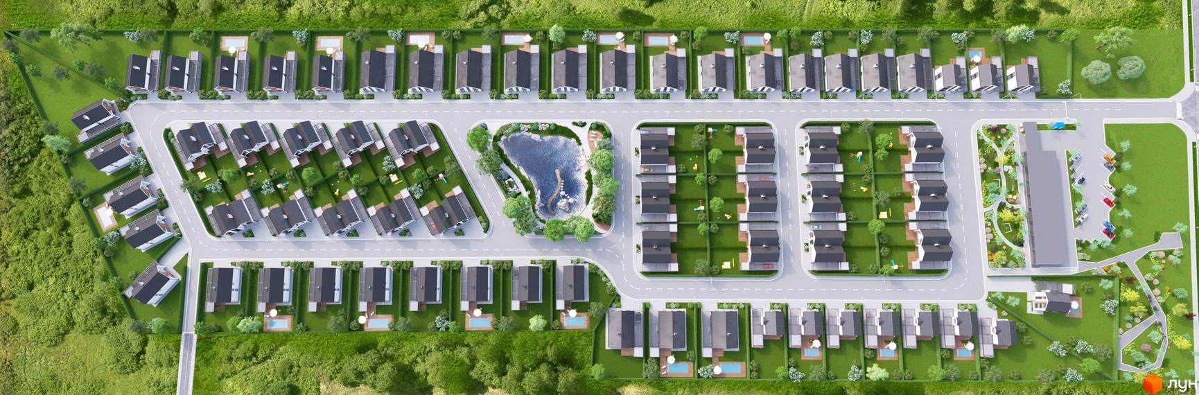 Котеджне містечко Gardd House Eco Village: вид зверху на забудову з рядами будинків, зеленими дворами, дитячими майданчиками та центральною водоймою.