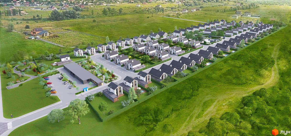 Котеджне містечко Gardd House Eco Village з сучасними будинками білого кольору з темними дахами та доглянутою прибудинковою територією з зеленими газонами та деревами.