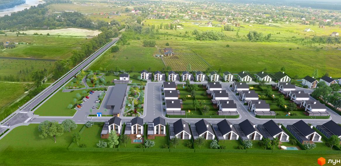 Котеджне містечко Gardd House Eco Village: будинки з темними дахами, світлими фасадами та великими вікнами, оточені зеленими газонами, деревами та дитячими майданчиками.
