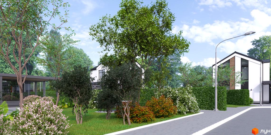 Котеджне містечко КМ Gardd House Eco Village. Зовнішній вигляд білого будинку з чорними вікнами та зеленою прибудинковою територією з деревами та кущами.