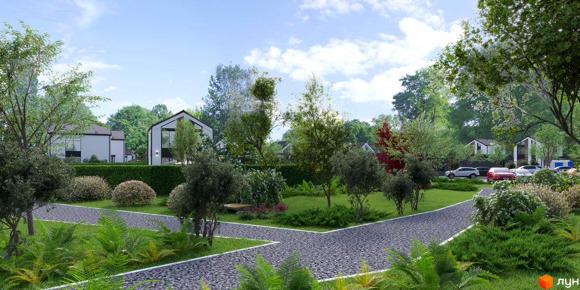 Котеджне містечко КМ Gardd House Eco Village з білими будинками та доглянутою прибудинковою територією з доріжками та зеленню.