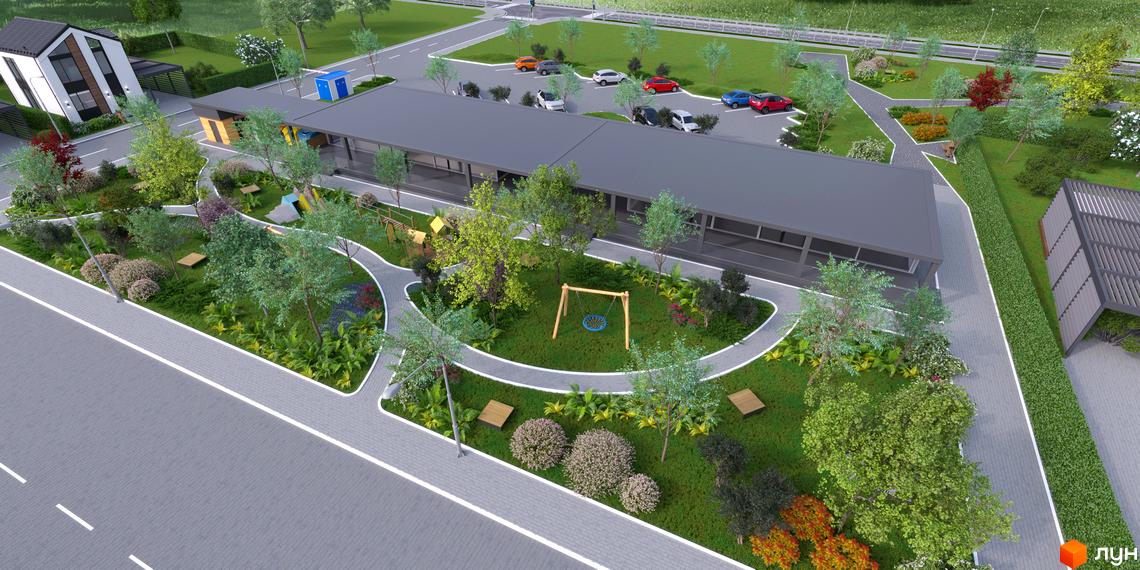 Котеджне містечко Gardd House Eco Village: білий будинок з темним дахом та великими вікнами, оточений зеленими насадженнями, дитячим майданчиком та доріжками.