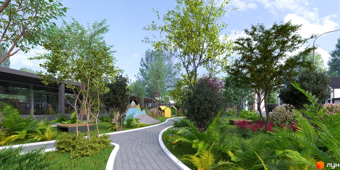 Котеджне містечко Gardd House Eco Village: темна будівля з великими вікнами, оточена доріжками, зеленими насадженнями та дитячим майданчиком.