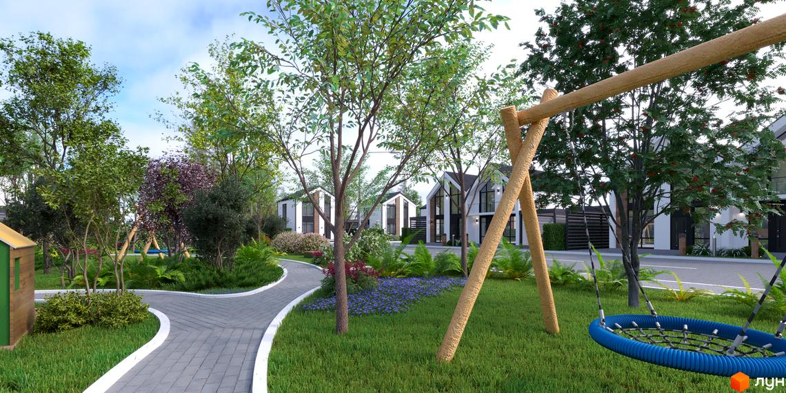 Котеджне містечко KМ Gardd House Eco Village з сучасними будинками та зеленою прибудинковою територією з дитячим майданчиком та гойдалкою.