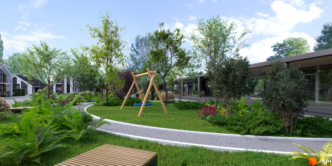 Котеджне містечко КМ Gardd House Eco Village з сучасними будинками та зеленою прибудинковою територією з дитячим майданчиком.