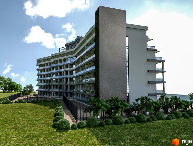 Апарт-комплекс Best Resort Apartments з багатоповерховою будівлею та балконами, оточений доглянутим газоном та кущами.