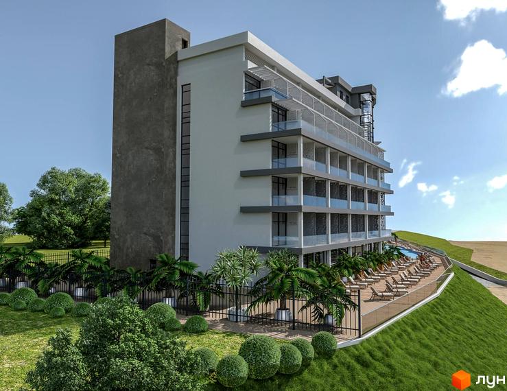 Апарт-комплекс Best Resort Apartments з терасами та басейном. На території розташовані шезлонги, пальми та зелені насадження.