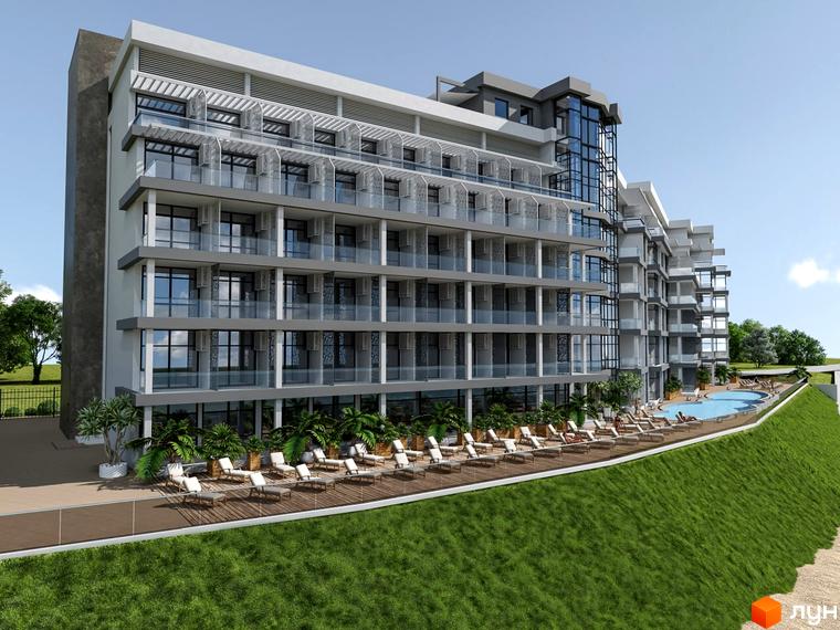 Апарт-комплекс Best Resort Apartments з басейном та шезлонгами на терасі. Багатоповерховий будинок з балконами та панорамними вікнами.