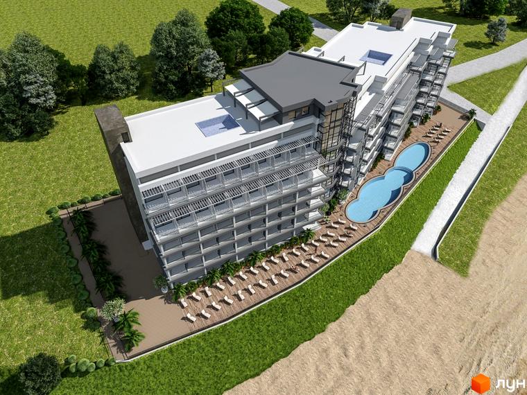 Апарт-комплекс Best Resort Apartments з басейном та шезлонгами на прибудинковій території. Вид на новобудову з висоти пташиного польоту.