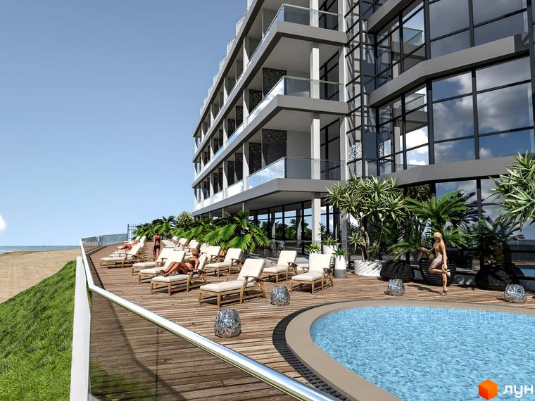 Апарт-комплекс Best Resort Apartments з басейном та шезлонгами на терасі. Сучасна архітектура будівлі з великими вікнами та балконами.