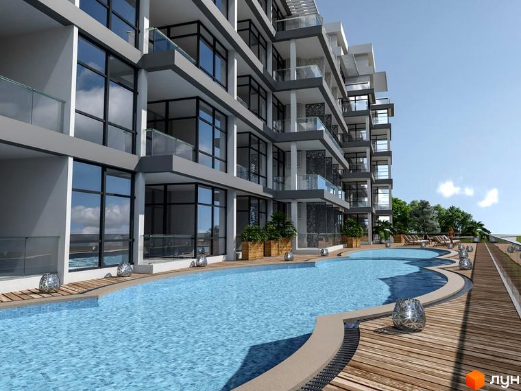 Апарт-комплекс Best Resort Apartments з басейном та дерев'яною терасою. Сучасна архітектура з великими вікнами та балконами.