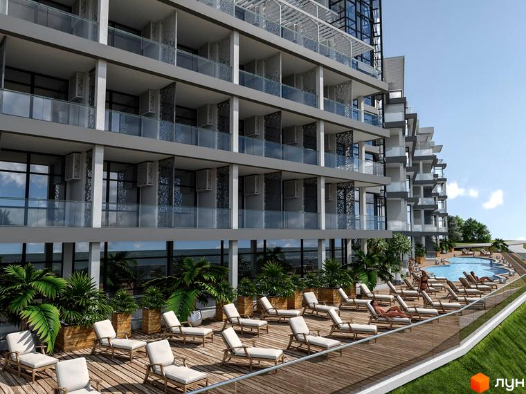 Апарт-комплекс Best Resort Apartments з басейном та шезлонгами на дерев'яній терасі. Сучасна архітектура комплексу з балконами та кондиціонерами.