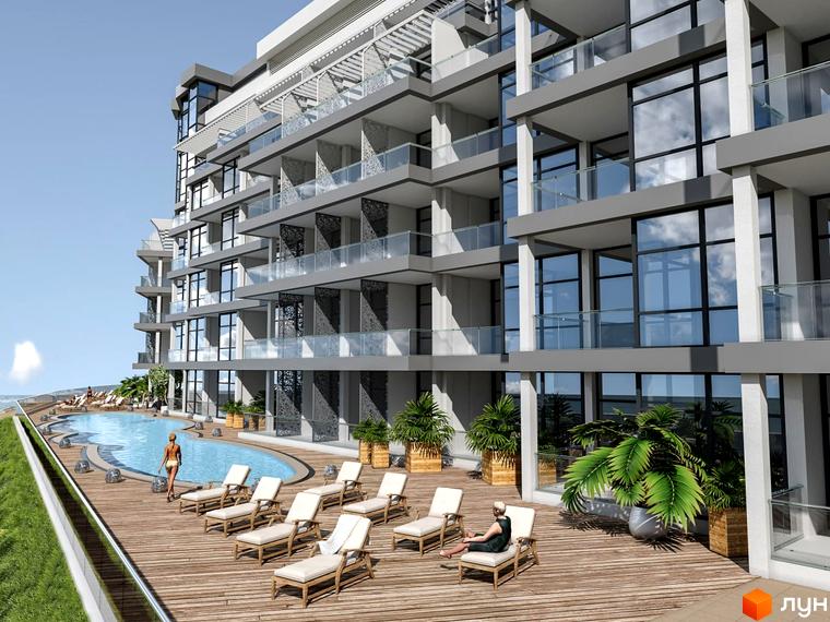 Апарт-комплекс Best Resort Apartments з басейном та зоною відпочинку. Сучасна архітектура будівлі з балконами та великими вікнами.