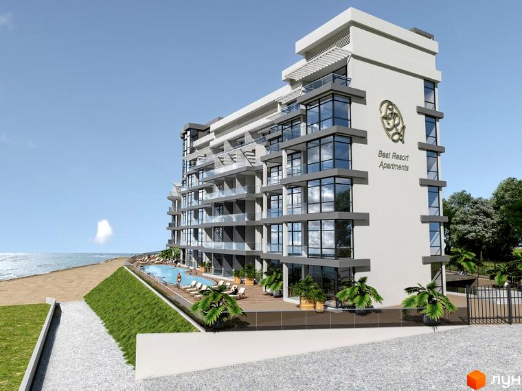 Апарт-комплекс Best Resort Apartments з басейном та видом на море. Сучасна архітектура будівлі та доглянута прибудинкова територія з пальмами.