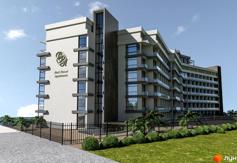 Апарт-комплекс Best Resort Apartments з фасадом білого кольору та скляними балконами. Навколо комплексу зелена галявина та огороджена територія.