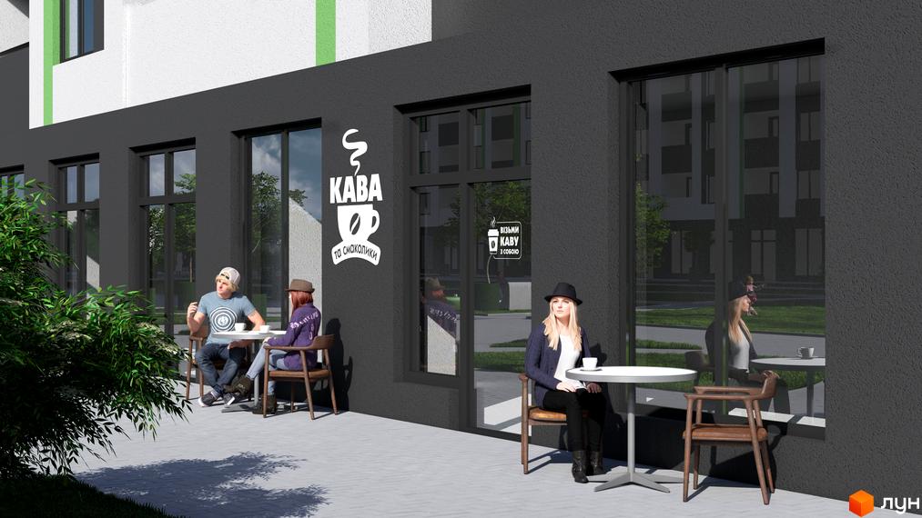 Житловий комплекс Парковий: фасад будівлі з вікнами та терасою, де відпочивають люди. Прибудинкова територія з зеленню та тінями від дерев.