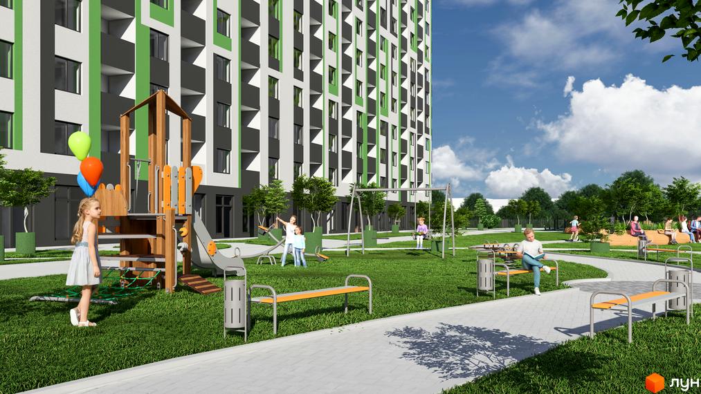 Житловий комплекс Парковий: фасади будівель з зеленими та сірими акцентами, дитячий майданчик з гіркою та гойдалками, зони відпочинку з лавками.