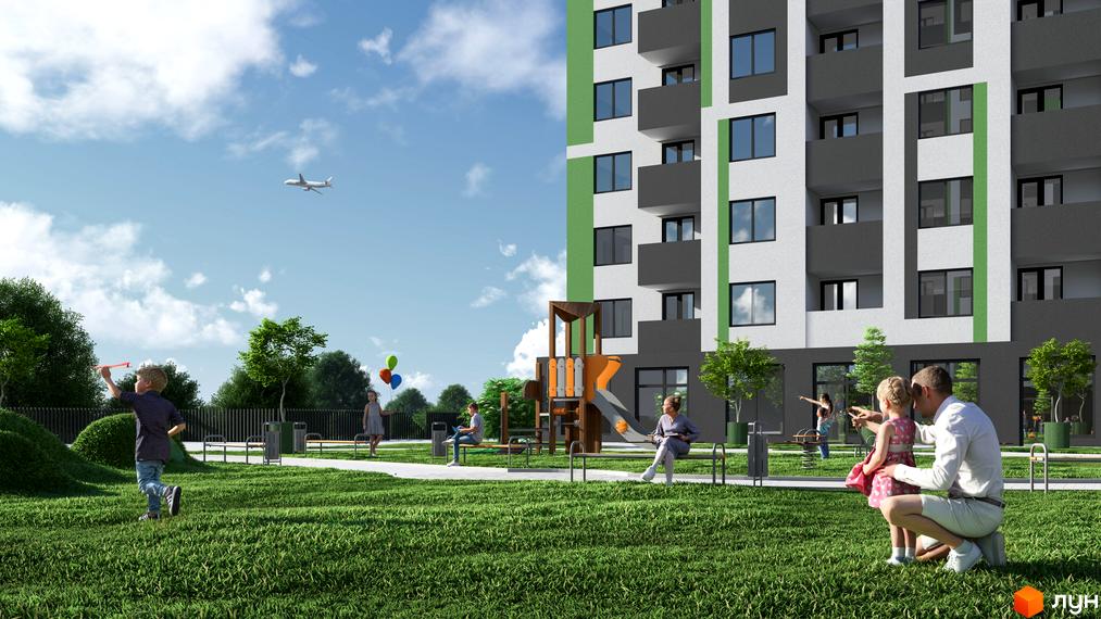 Житловий комплекс Парковий: будинок з балконами та дитячим майданчиком. На прибудинковій території зелений газон, дерева та люди відпочивають.