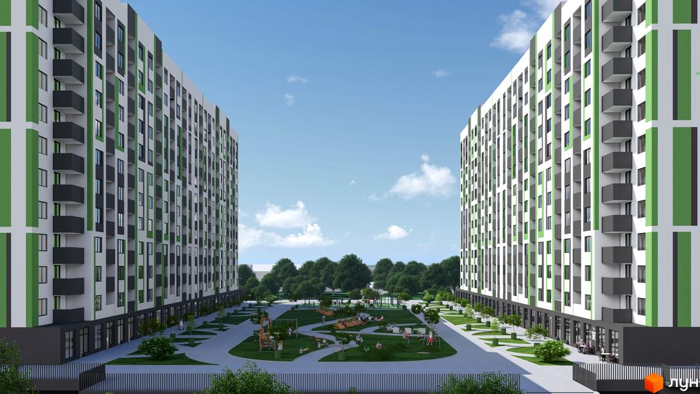 Зовнішній вигляд новобудови ЖК Парковий з балконами та вікнами, що виходять на зелений внутрішній двір з дитячим майданчиком та зонами відпочинку.