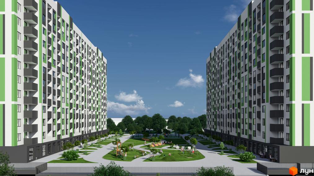 Зовнішній вигляд житлового комплексу Парковий з зеленими та сірими елементами фасаду та прибудинковою територією з дитячим майданчиком та зонами відпочинку.