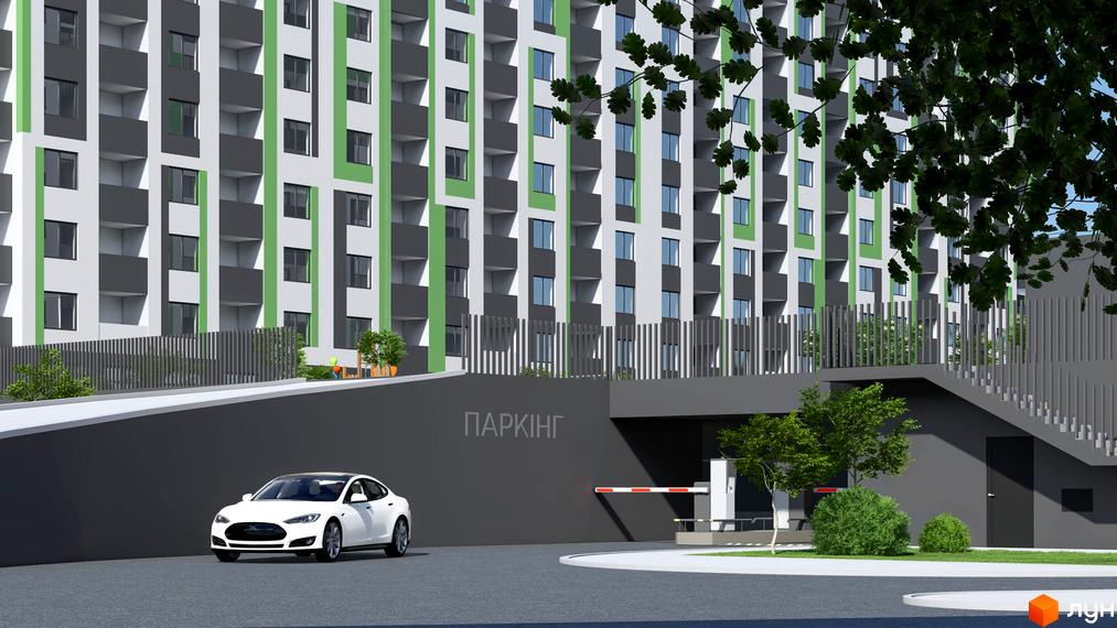 Зовнішній вигляд житлового комплексу Парковий з білим Tesla та в'їздом до паркінгу. Навколо будинку зелені насадження та огородження.