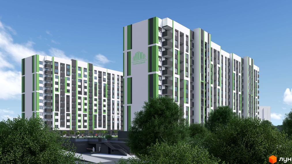 Зовнішній вигляд житлового комплексу Парковий з зеленими та сірими смугами на фасаді та балконами. Навколо комплексу зелені дерева та блакитне небо.