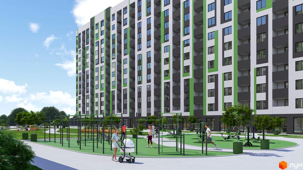 Будинок житлового комплексу Парковий з зеленими та сірими елементами фасаду. Прибудинкова територія з дитячим майданчиком, спортивними тренажерами та зонами відпочинку.