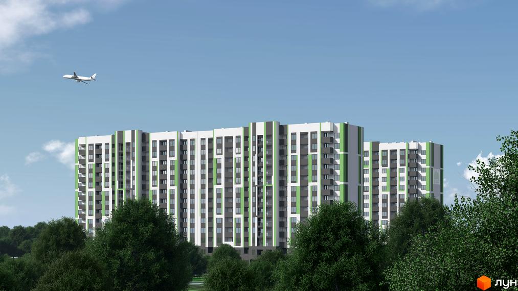 Зовнішній вигляд житлового комплексу Парковий з фасадом білого, сірого та зеленого кольорів. Навколо комплексу розташовані зелені дерева.